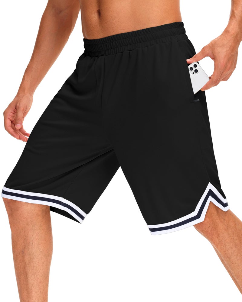 JWM Mens 11" Gym Basketball Shorts with Zipper Pockets - Long Quick Dry Lightweight Mesh Athletic Shorts for Workout Running Black - Image 1