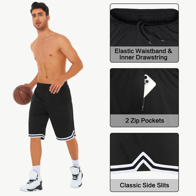 JWM Mens 11" Gym Basketball Shorts with Zipper Pockets - Long Quick Dry Lightweight Mesh Athletic Shorts for Workout Running Black - Image 3