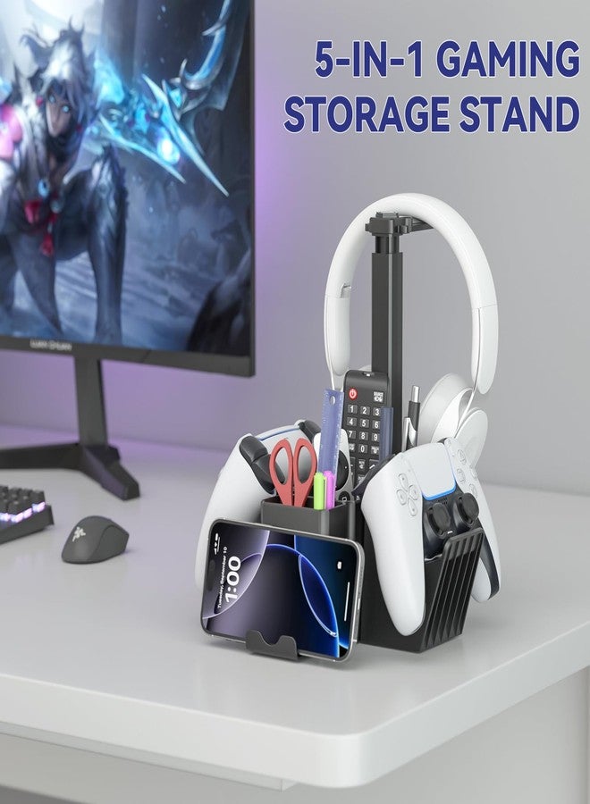 KDD Dual Controller Holder with Headphone Stand - Multi-Functional Desk Storage Box with Phone Holder - Universal Controller Stand with Desktop Organizer for Remote Control Pen Accessories - Image 2