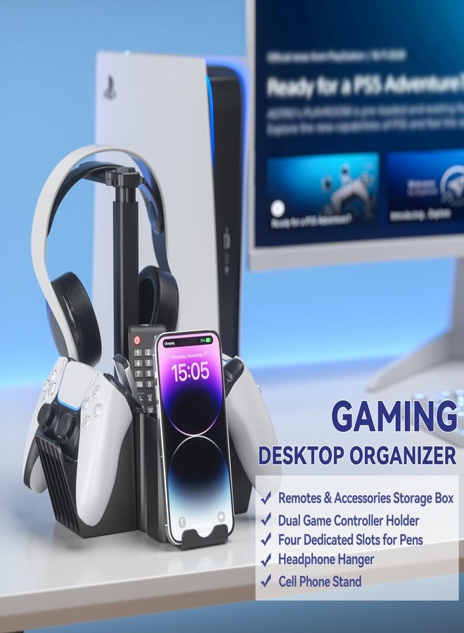 KDD Dual Controller Holder with Headphone Stand - Multi-Functional Desk Storage Box with Phone Holder - Universal Controller Stand with Desktop Organizer for Remote Control Pen Accessories - Image 4