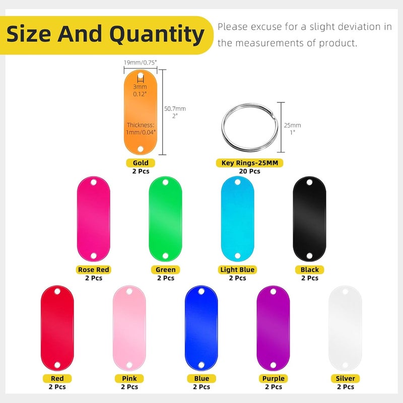 Mardatt 40Pcs(20 Set) Aluminum Blank Tags with Key Ring Kit, 10 Colors Stamping Blanks with 2 Holes Engraving Blank Discs Dog Tag Pet Tags for DIY Decorative Craft, 50.7 x 19 x 1mm - Image 2