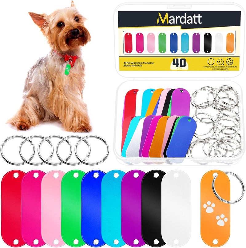 Mardatt 40Pcs(20 Set) Aluminum Blank Tags with Key Ring Kit, 10 Colors Stamping Blanks with 2 Holes Engraving Blank Discs Dog Tag Pet Tags for DIY Decorative Craft, 50.7 x 19 x 1mm - Image 1