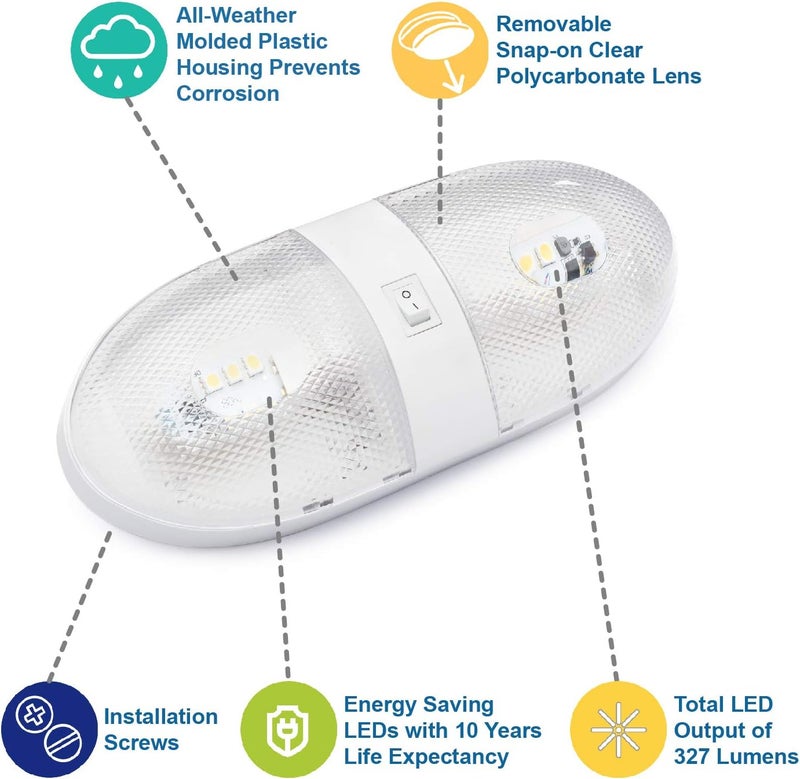 Lumitronics RV 12V Double LED Ceiling Dome Light, On/Off Switch, Removable Lenses (Pack of 2) - Image 2