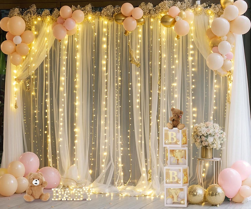 Suppromo Champagne Tulle Backdrop Curtain with Lights String for Parites Wedding 5x8ft Champagne Sheer Backdrop Curtains for Bridal Shower Baby Shower Birthday Party Photo Booth Background Decorations - Image 4
