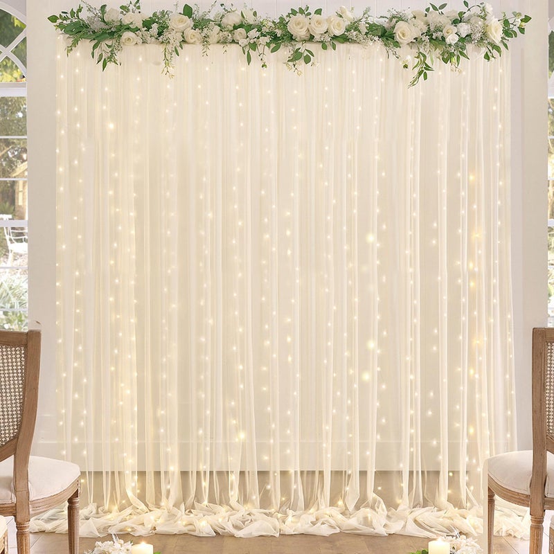 Suppromo Champagne Tulle Backdrop Curtain with Lights String for Parites Wedding 5x8ft Champagne Sheer Backdrop Curtains for Bridal Shower Baby Shower Birthday Party Photo Booth Background Decorations - Image 1