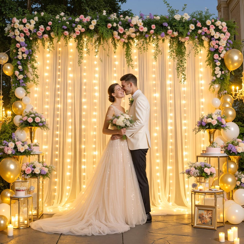Suppromo Champagne Tulle Backdrop Curtain with Lights String for Parites Wedding 5x8ft Champagne Sheer Backdrop Curtains for Bridal Shower Baby Shower Birthday Party Photo Booth Background Decorations - Image 2