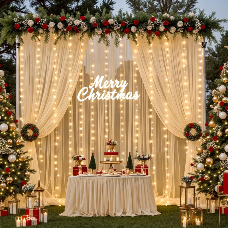 Suppromo Champagne Tulle Backdrop Curtain with Lights String for Parites Wedding 5x8ft Champagne Sheer Backdrop Curtains for Bridal Shower Baby Shower Birthday Party Photo Booth Background Decorations - Image 5