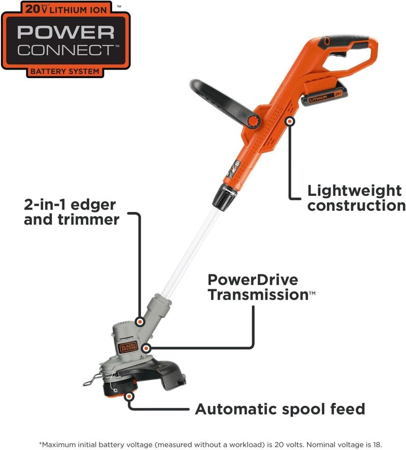 BLACK+DECKER 20V MAX String Trimmer and Edger 2 in 1, Cordless Weed Wacker with Auto Spool Feed, Battery and Charger Included, 12 Inch Steel Blade, Reduced Vibration (LST300) - Image 1
