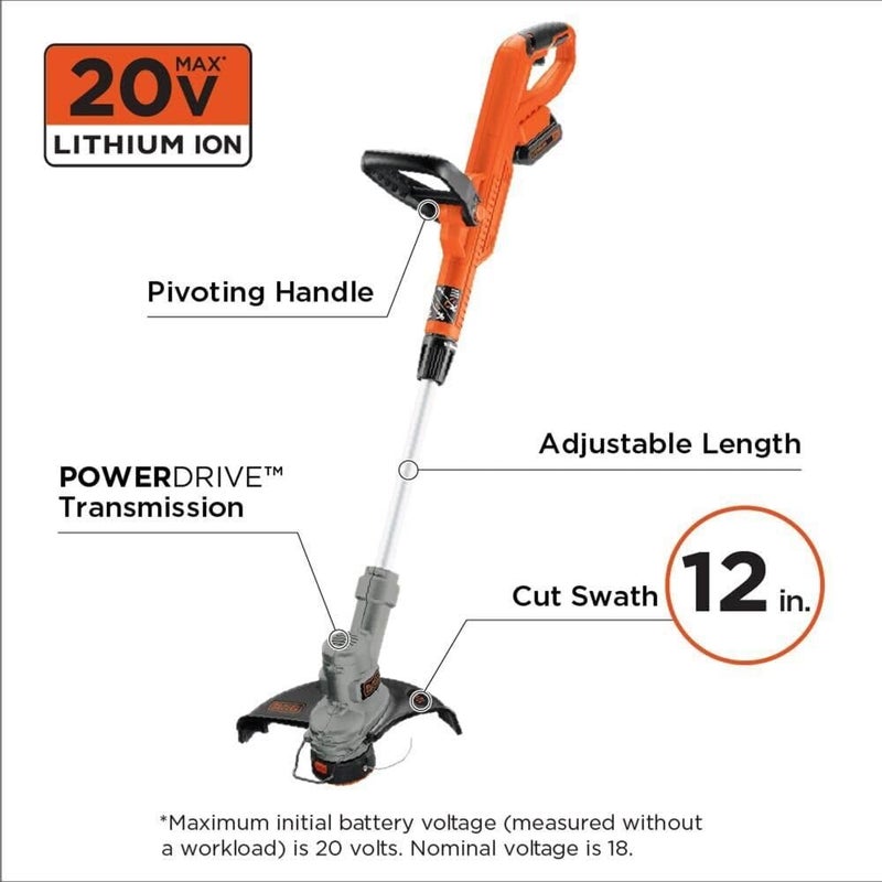 BLACK+DECKER 20V MAX String Trimmer and Edger 2 in 1, Cordless Weed Wacker with Auto Spool Feed, Battery and Charger Included, 12 Inch Steel Blade, Reduced Vibration (LST300) - Image 4