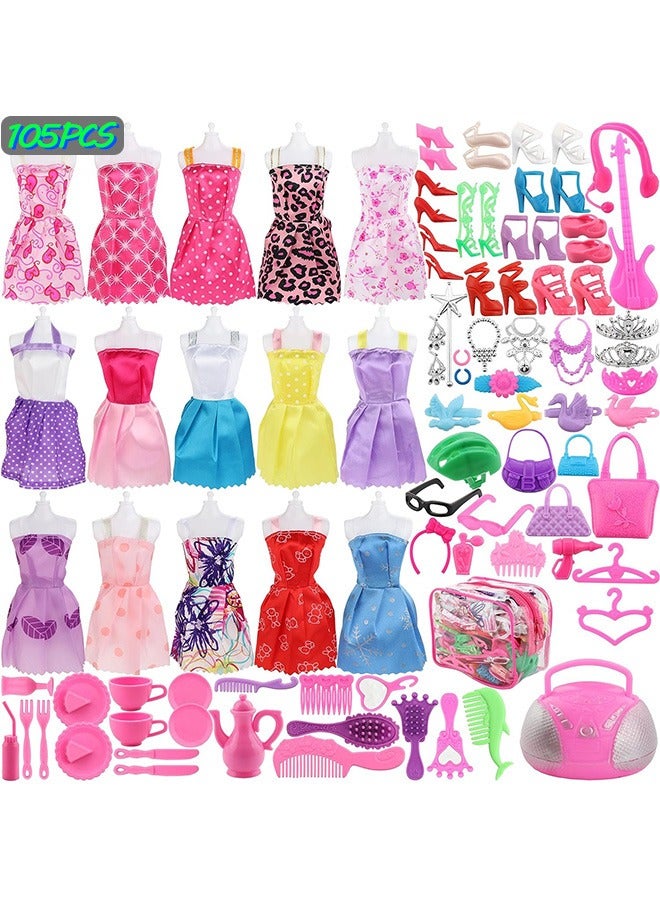 105 Pieces Doll Clothes and Accessories for 11.5 Inch Girl Doll Include 15 Sets Doll Outfits Fashion Doll Dresses Party Doll Gowns 90 Pieces Doll Accessories Random Style - Image 1
