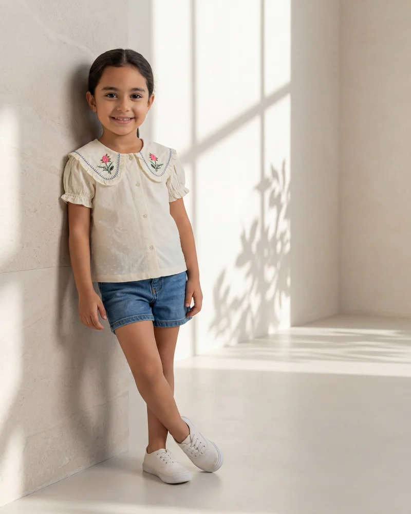 Redtag Girls White Embroidered Peter Pan Collar Blouse
