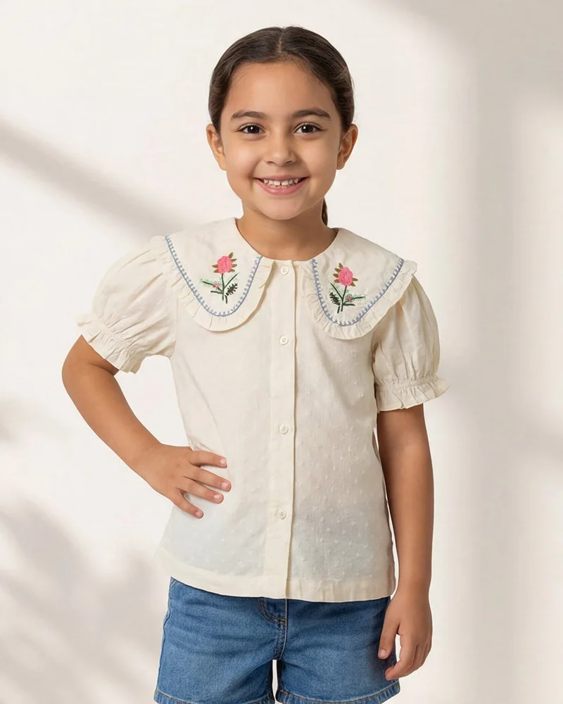 Redtag Girls White Embroidered Peter Pan Collar Blouse