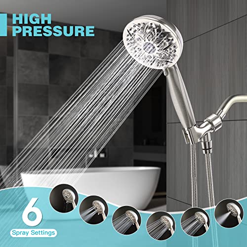 JDO Shower Head with Handheld, High Pressure Handheld Shower Head 6 Settings, Detachable Set with Stainless Steel Hose and Shower Bracket (Brushed Nickel) - Image 2