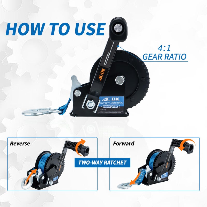 AC-DK 1600lbs Heavy Duty Boat Trailer Winch with 26FT Strap, 2-Way Ratchet & 4:1 Gear Trailer Winch, Portable Hand Crank Winch for Boat, Truck, Trailer, RV, ATV, Jet Ski - Image 4