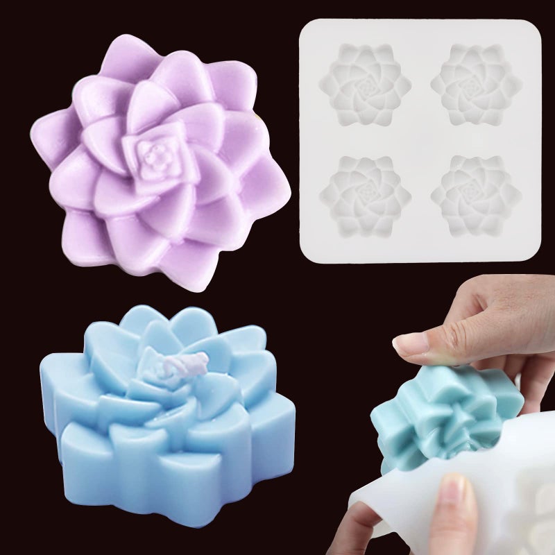Succulent Silicone Mold 4 Cavities Silicone Soap Mold Succulent Plants Flower Mould for Soap Bath Bombs Candle Resin Concrete Crafts Handmade Chocolate Cake Decor Dessert Biscuit Pudding Ice