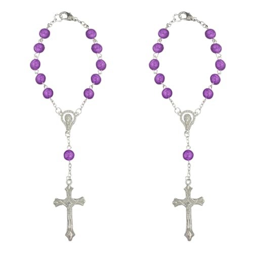 ZIMISI 2PCS Car Rosary for Rearview Mirrors Cross for Car Mirror Hanging Accessories Medal and Cross Rear View Mirror Charm Universal Hanging Ornament Pendant for Women Purple - Image 1