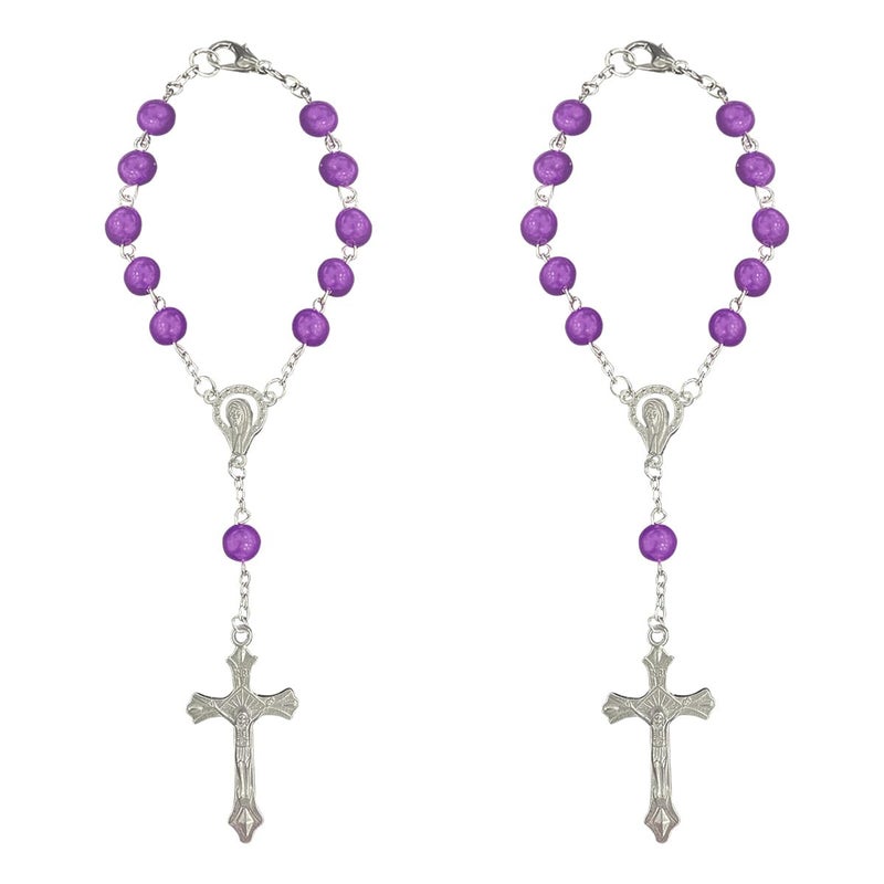 ZIMISI 2PCS Car Rosary for Rearview Mirrors Cross for Car Mirror Hanging Accessories Medal and Cross Rear View Mirror Charm Universal Hanging Ornament Pendant for Women Purple - Image 3