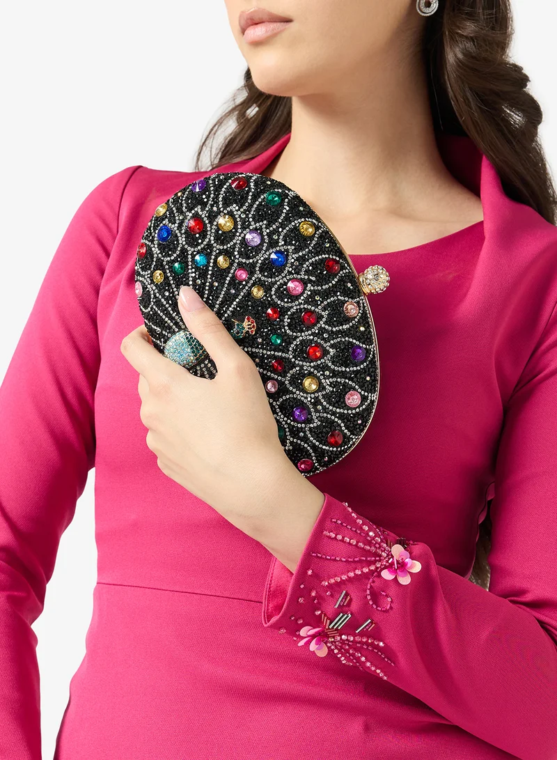 Khizana Black Jewel Embellished Peacock Statement Clutch for Women | Best Price UAE