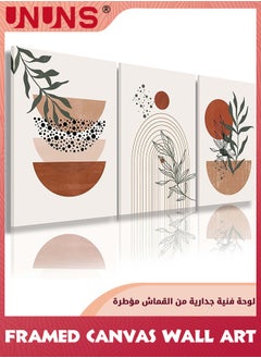 UNUNS Boho Wall Art Prints,Set Of 3 Boho Wall Decor,Mid Century Modern Wall Art,Natural Framed Canvas Prints Artwork For Living Room Bathroom Bedroom Wall Decor  - Image 1