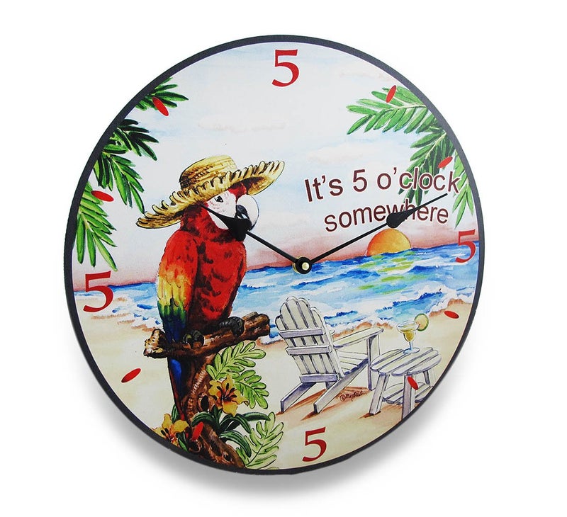 Things2Die4 Its Five OClock Somewhere Tropical Parrot Design Wall Clock 15 Inches in Diameter Blissful Beach Vibes and Endless Happy Hour Fun for Your Home Decor