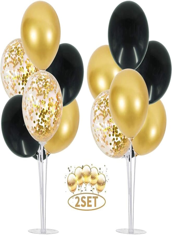 Secret 2 Set Table Centerpiece Balloons Stand Kit Include 16 Black Gold Latex Confetti Balloons for Birthday, Baby Shower, Wedding, Graduation, Anniversary Table Party Decorations.