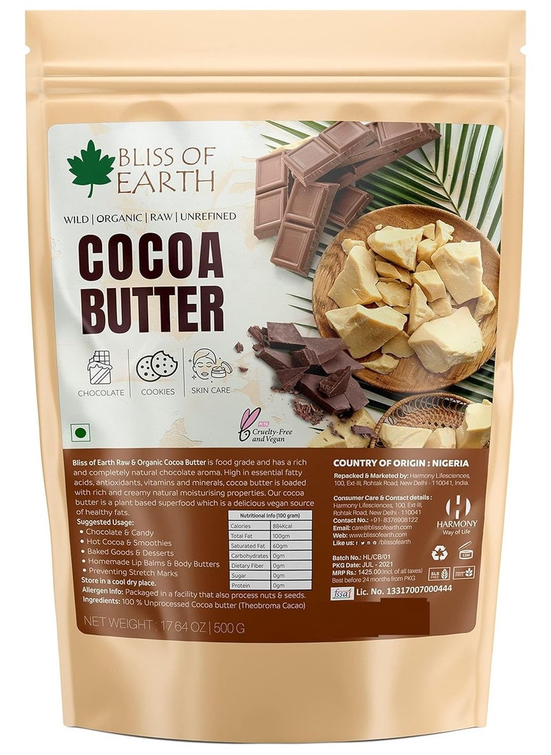 BLISS OF EARTH Pure Organic Cocoa Butter Raw Unrefined African Cocoa Butter Great for Face Skin Body Lips and DIY products 500g  - Image 1
