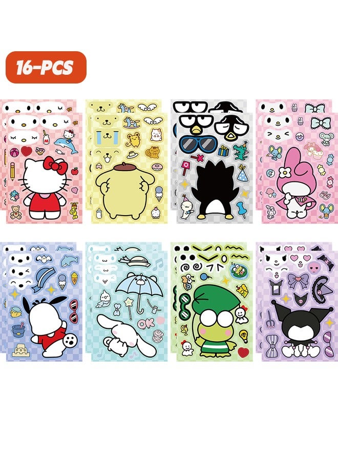 16 قطعة من ملصقات اصنع وجهًا، ملصقات ذات طابع كرتوني سانريو، مصنوعات كتب للأطفال، هدايا لوازم الحفلات DIY اصنع ملصقاتك الخاصة، لمكافأة هدايا عيد الميلاد (8 أنماط، 16 قطعة) - Image 1