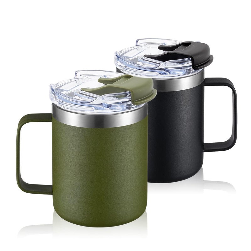 ALOUFEA 12oz Stainless Steel Insulated Coffee Mug with Handle Double Wall Vacuum Travel Mug Tumbler Cup with Fliping Lid Black and Army Green