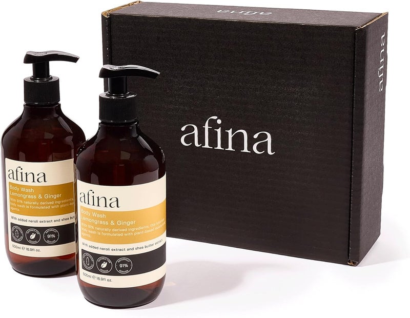 Afina Lemongrass Ginger Luxury Body Wash 500mlx2 Shower Gel Bottle Lemon Bergamot Ginger Notes with a Deep Base of Musk Cedarwood Heliotrope Vegan Friendly Body Wash UK Produced