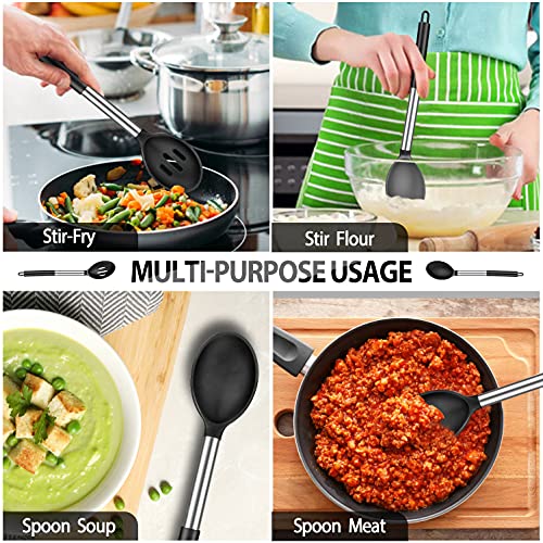 DaiRen Kitchen Pack of 4 Large Silicone Cooking Spatulas and Spoons, Slotted and Solid Stainless Steel Cooking Utensils Set, Non-stick Heat Resistant Kitchen for Baking, Fried, Stir-Fry, Mixing, Serving (Black) - Image 5
