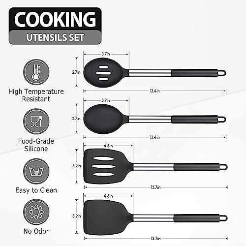 DaiRen Kitchen Pack of 4 Large Silicone Cooking Spatulas and Spoons, Slotted and Solid Stainless Steel Cooking Utensils Set, Non-stick Heat Resistant Kitchen for Baking, Fried, Stir-Fry, Mixing, Serving (Black) - Image 2
