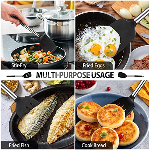 DaiRen Kitchen Pack of 4 Large Silicone Cooking Spatulas and Spoons, Slotted and Solid Stainless Steel Cooking Utensils Set, Non-stick Heat Resistant Kitchen for Baking, Fried, Stir-Fry, Mixing, Serving (Black) - Image 4