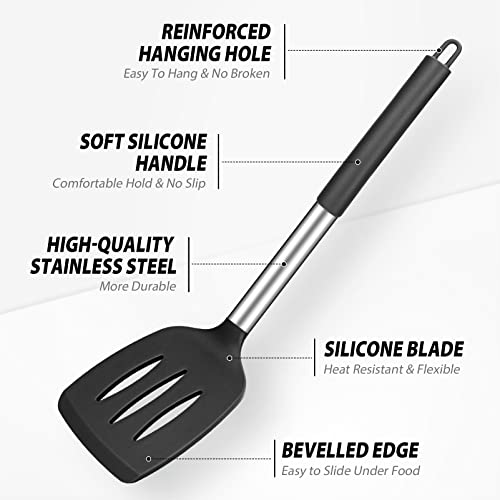 DaiRen Kitchen Pack of 4 Large Silicone Cooking Spatulas and Spoons, Slotted and Solid Stainless Steel Cooking Utensils Set, Non-stick Heat Resistant Kitchen for Baking, Fried, Stir-Fry, Mixing, Serving (Black) - Image 3