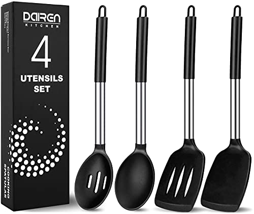 DaiRen Kitchen Pack of 4 Large Silicone Cooking Spatulas and Spoons, Slotted and Solid Stainless Steel Cooking Utensils Set, Non-stick Heat Resistant Kitchen for Baking, Fried, Stir-Fry, Mixing, Serving (Black) - Image 1