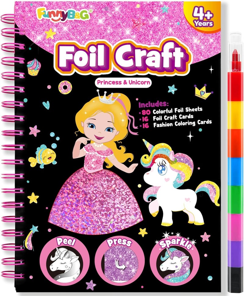 FUNNYB&G Changing environment compatible Foil Art Kit - Foil Crafts for Kids, Toys for Girls 4-10 Years Old, No Mess Travel Essentials, Kids Toys, Girls Gifts, Birthday Gift, Coloring Books for Kids Trendy flexible practical build - Image 1