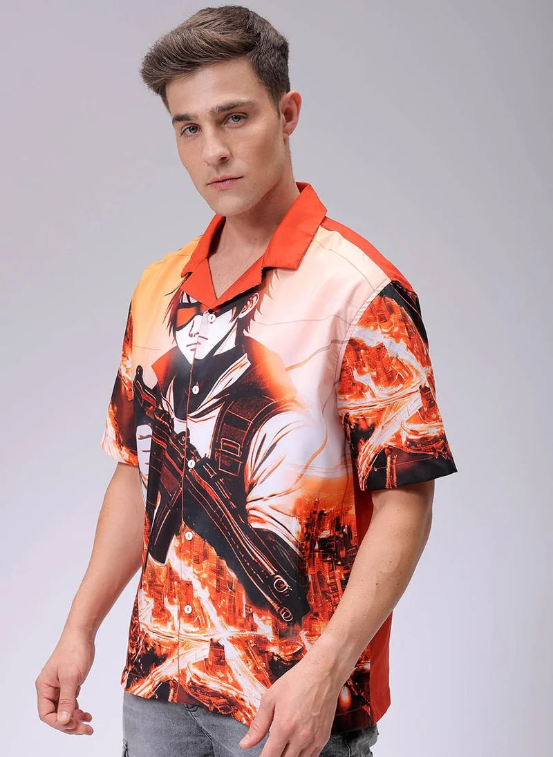 ذا انديان كراج كو Men Oversized Anime Print Half Sleeves Cuban Collar Street Wear Shirt
