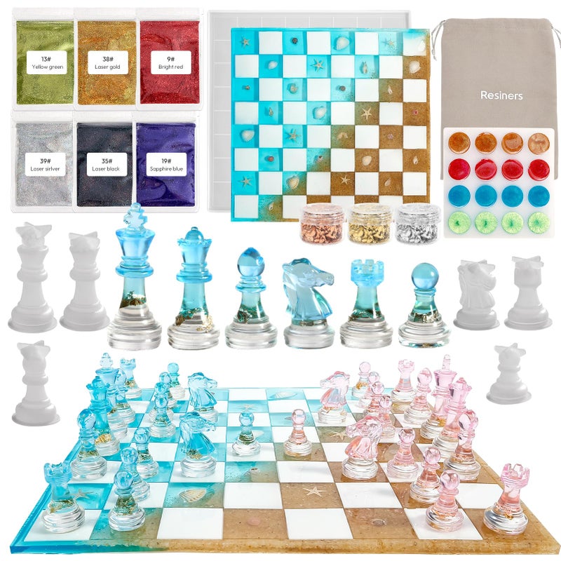Resiners Chess Mold Set, Resiners Chess Molds for Resin Casting with Full Size 3D Silicone Chess Checkers & Chess Board, Epoxy Silicone Resin Molds for Family Party Board Games - Image 1