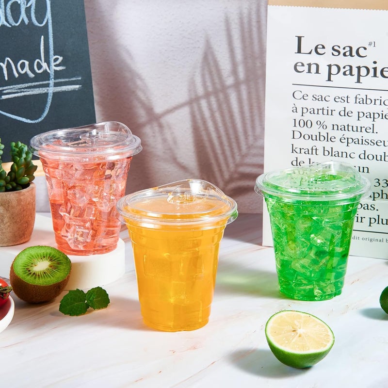 Lilymicky [100 PACK] 12 oz Clear Plastic Cups With Strawless Sip Lids, Disposable Plastic Cups With Sip Through Lids for Ice Coffee, Smoothie, Slurpee, or Any Cold Drinks - Image 3
