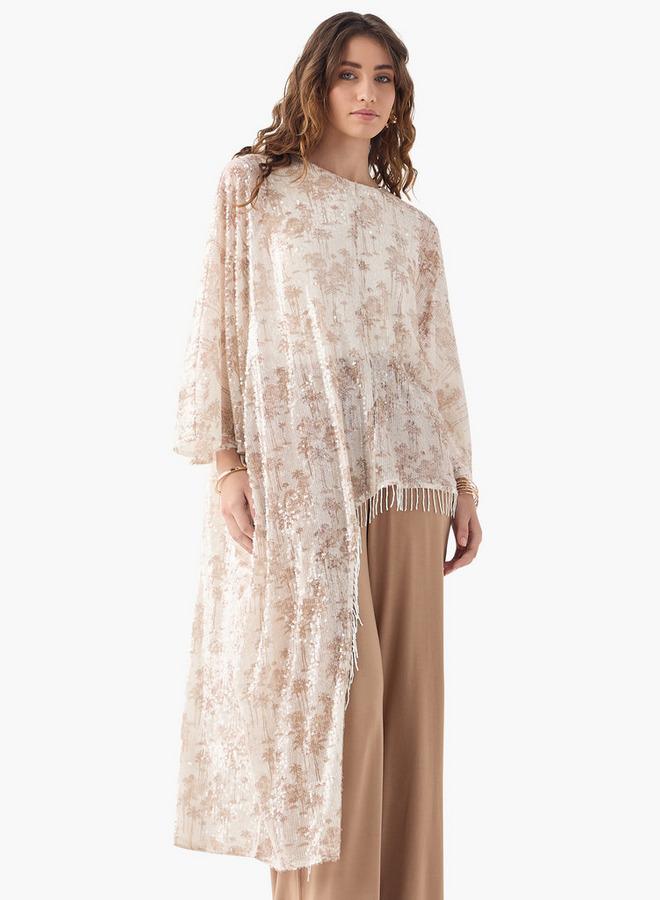 ايكونيك بلوزة أيقونية بطبعة شاملة وأكمام واسعة غير متماثلة - Image 1