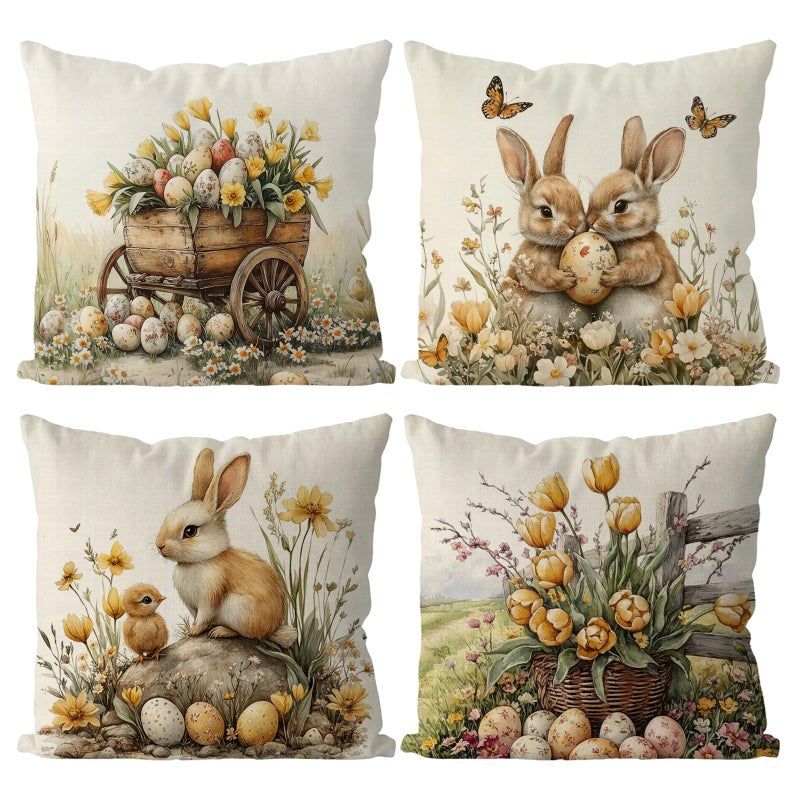 GAGEC Easter Pillow Covers 18X18 Inch Set of 4 Easter Decorations Bunny Pillowcases Floral Decor for Holiday Spring Farmhouse Couch Sofa Cushion Cases - Image 2
