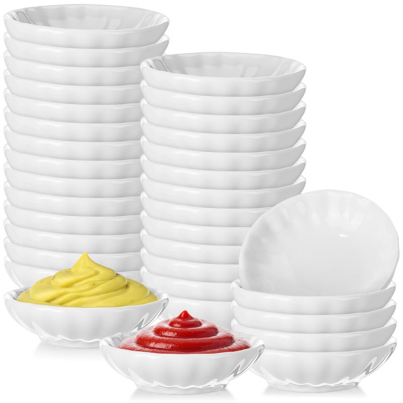 Mimorou 50 Pcs Soy Sauce Dish White Dipping Bowls Bulk, 1.2 oz Asian Small Sauce Bowls for Sushi, Ketchup, Vinegar, Olive Oil, Soy, Spices, BBQ Chip and Dip Serving Bowl Set Gift (Flower) - Image 1