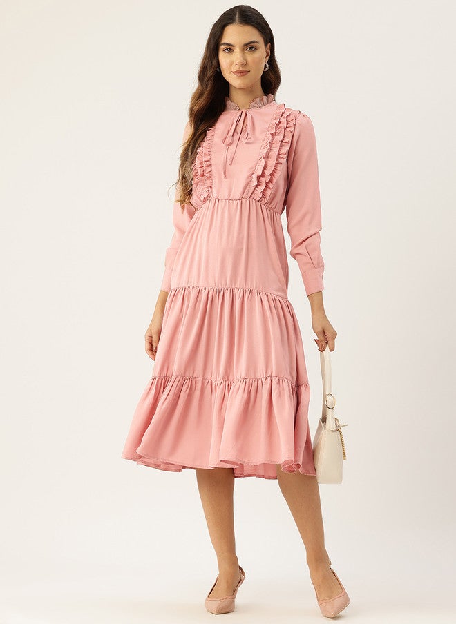 Rue Collection فستان ميدي وردي مزين بالأهداب للنساء - Image 5