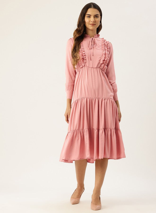 Rue Collection فستان ميدي وردي مزين بالأهداب للنساء - Image 1