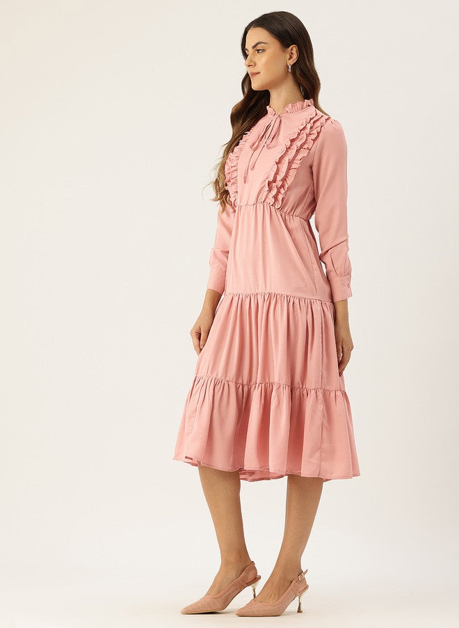 Rue Collection فستان ميدي وردي مزين بالأهداب للنساء - Image 3