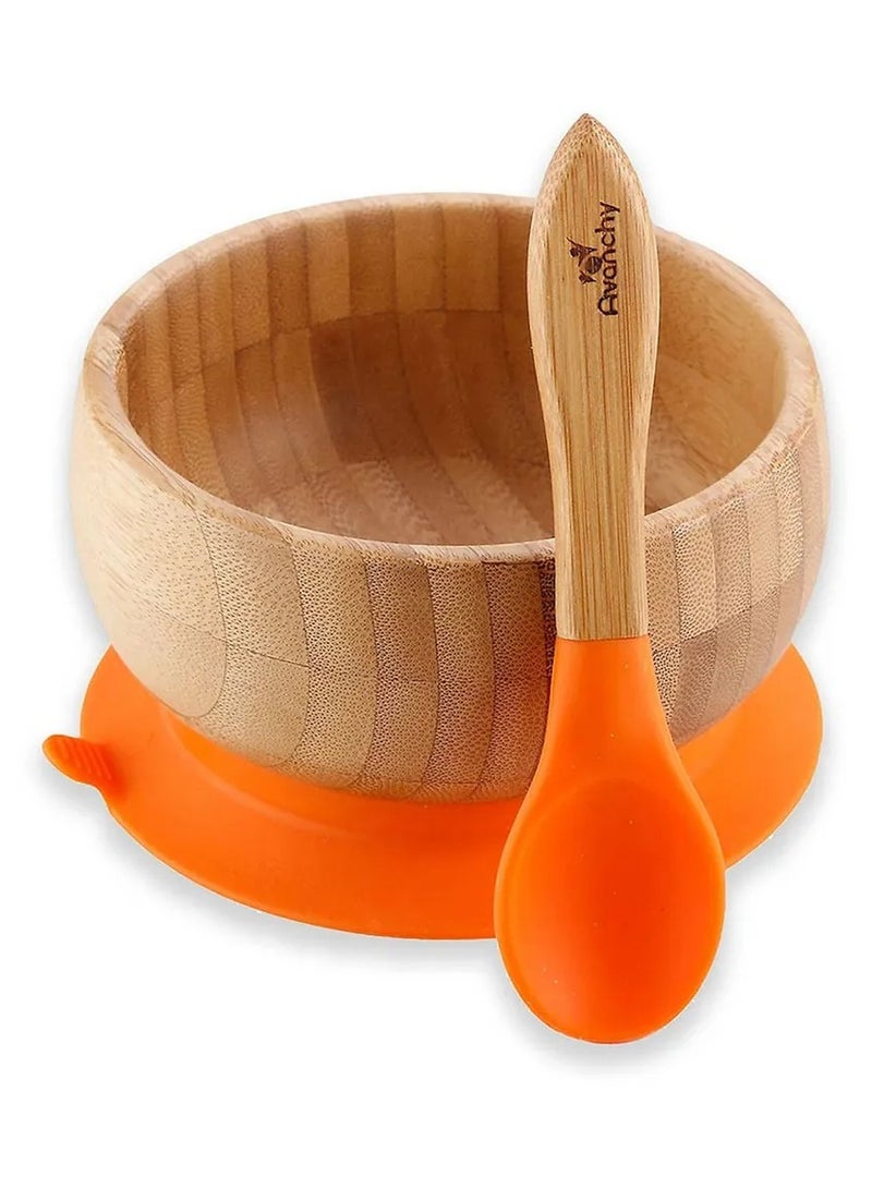 Avanchy Bamboo Suction Classic Bowl + Spoon Orange Color For Baby - Image 1