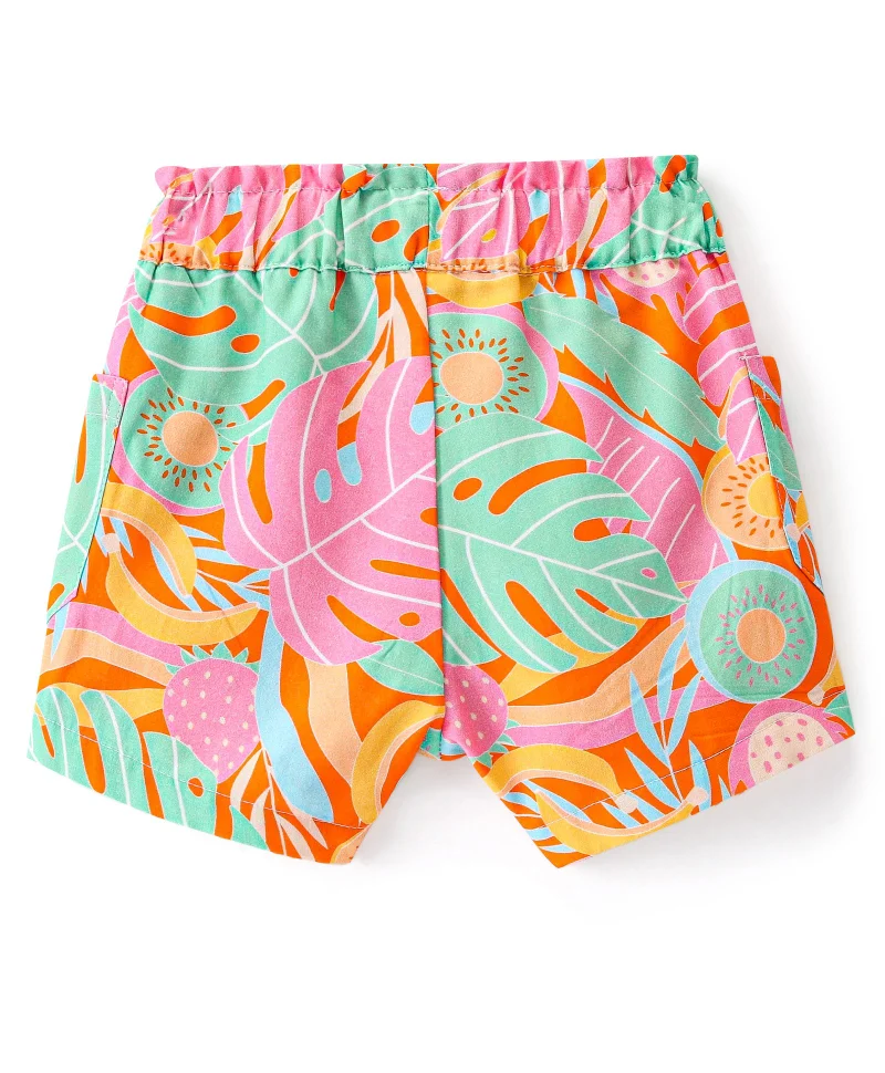 Bonfino Bonfino Viscose Paperbag Shorts with Leaves Print - Multicolor