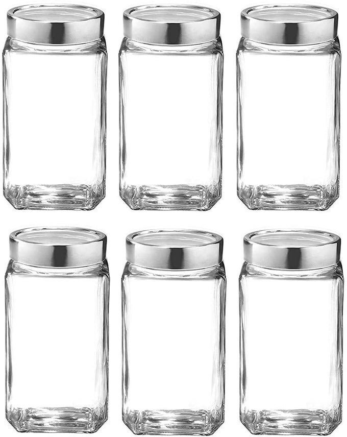 KITCHEN GLASS JARS FOR KITCHEN STORAGE 1KG SET CUBE JAR 1000 ML AIRTIGHT TRANSPARENT SET OF 6