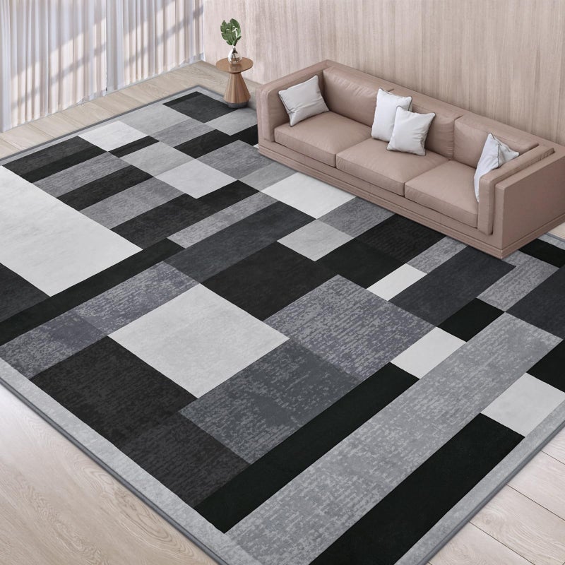 TWINNIS Indoor Modern Area Rug, 5x8 Geometric Patchwork Style Washable Large Rugs for Living Room Bedroom Hardwood Floors, Non Shedding Non Anti Backing Soft Carpet Home Floor Decor, Black - Image 1