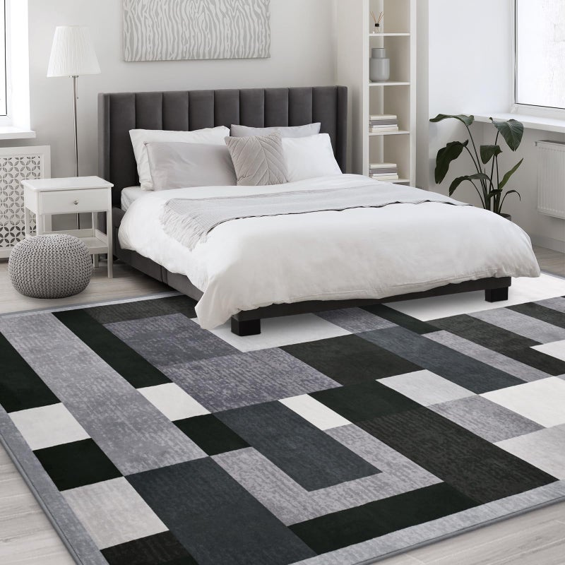 TWINNIS Indoor Modern Area Rug, 5x8 Geometric Patchwork Style Washable Large Rugs for Living Room Bedroom Hardwood Floors, Non Shedding Non Anti Backing Soft Carpet Home Floor Decor, Black - Image 2
