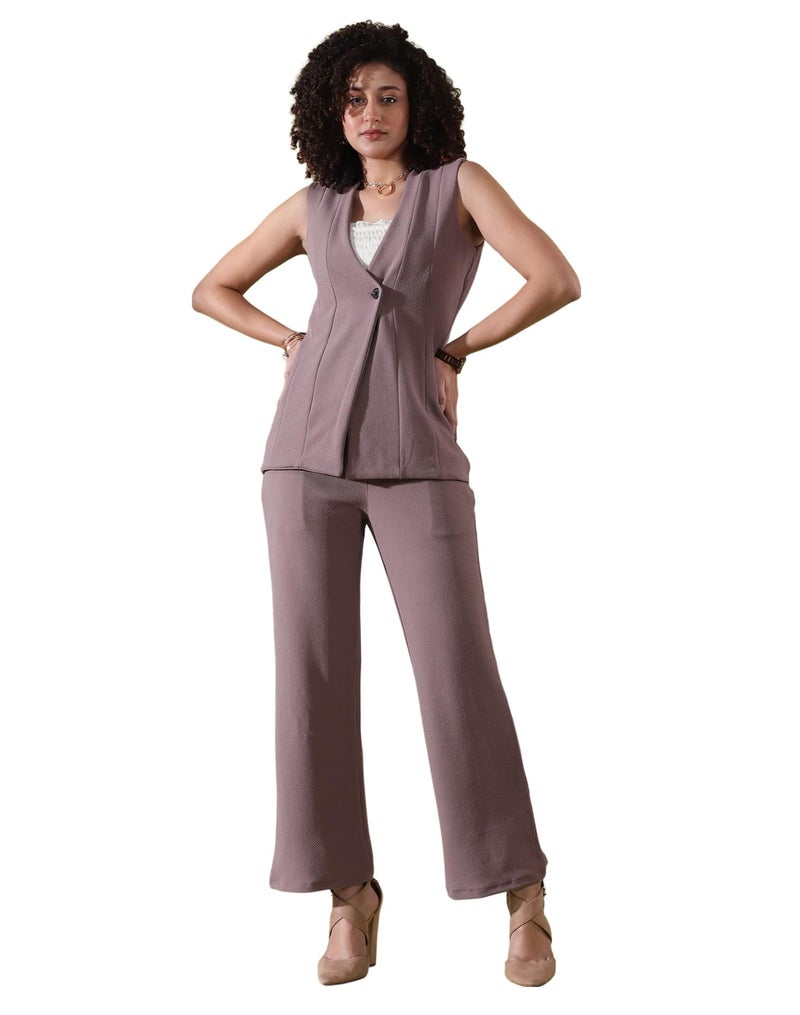 SIRIL Women's Solid Co-Ord Set Polyester Top and Trouser Pant Set | Two Piece Co Ord Set | Formal Cord Set for Women (646CTK11305-Large_Mauve) - Image 1